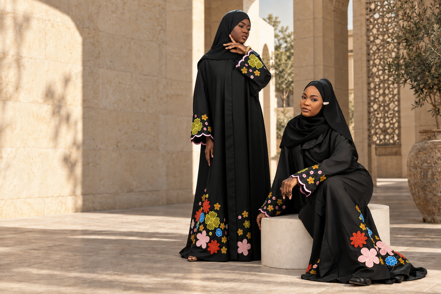 Fashion concept: a green abaya and an ivory embroidered kaftan in a sunlit courtyard